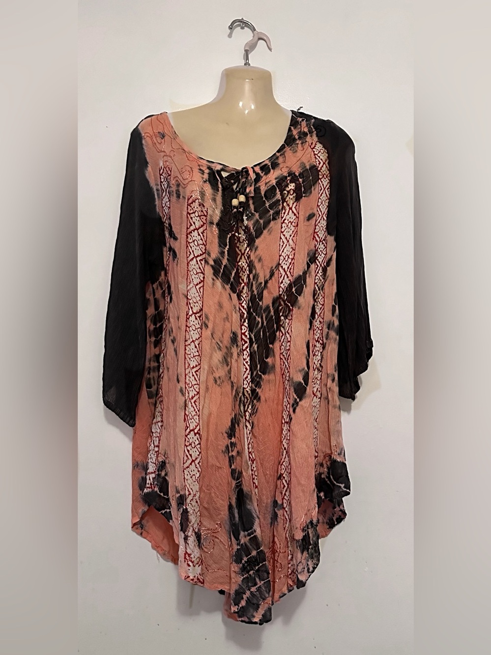 Rust Tie-Dye Boho Peasant Top with Black Sleeves